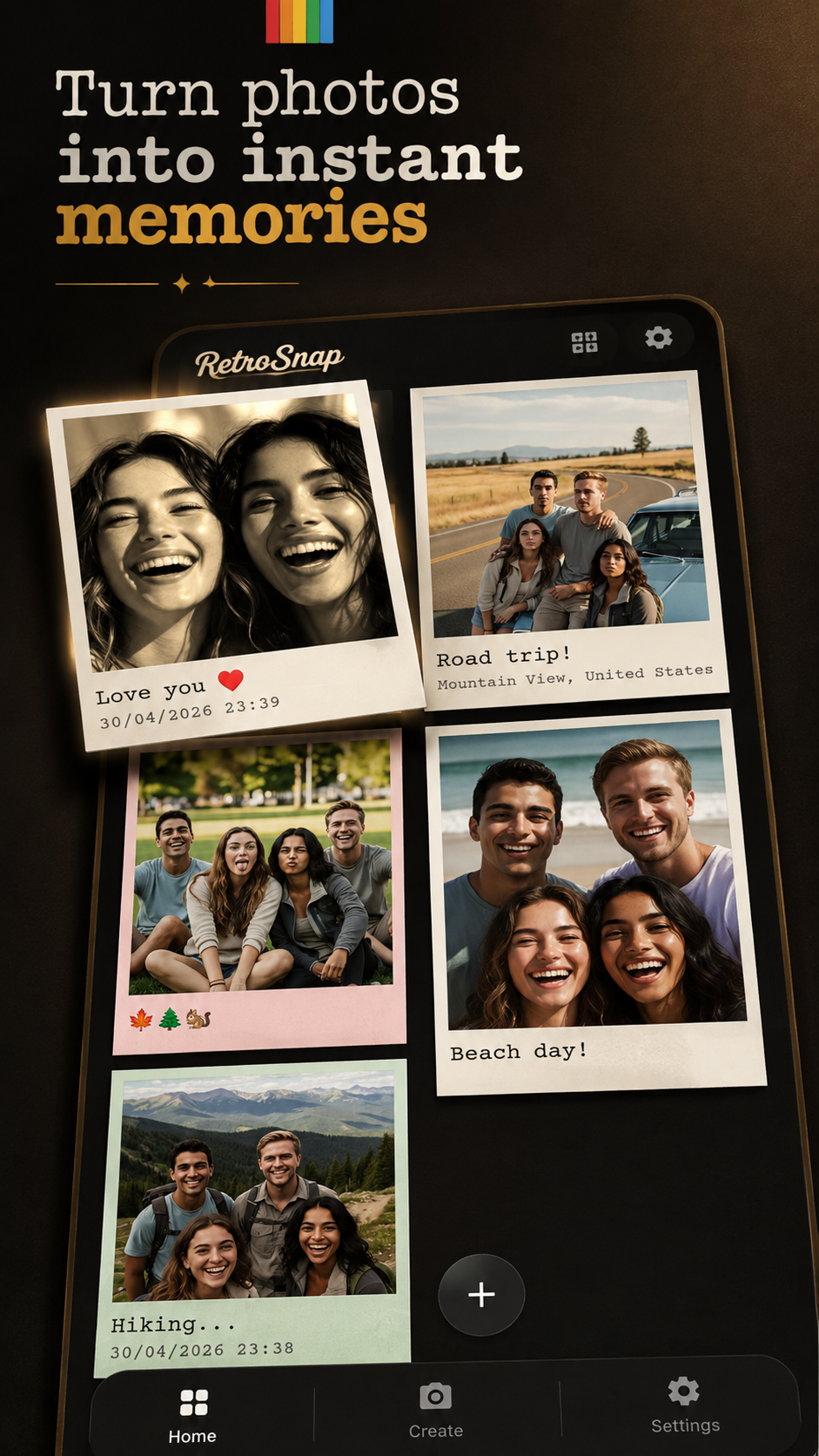 Local instant-photo wall with captions, dates and locations
