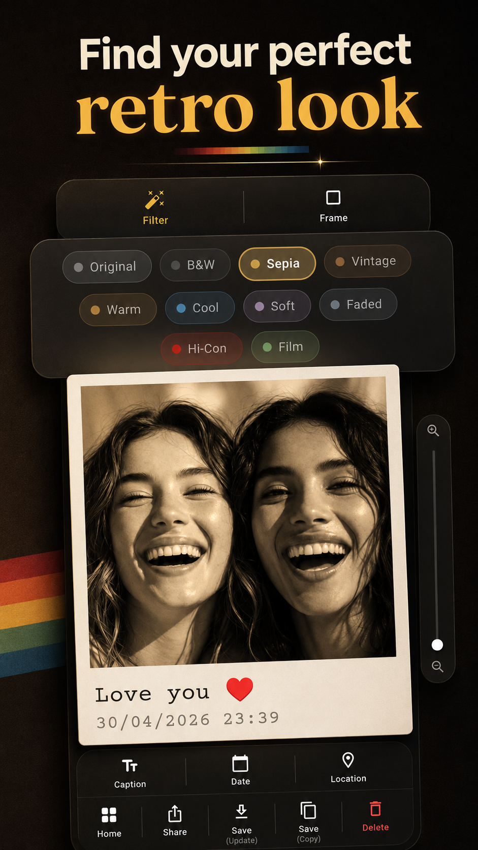Filter and frame editor with a framed instant photo