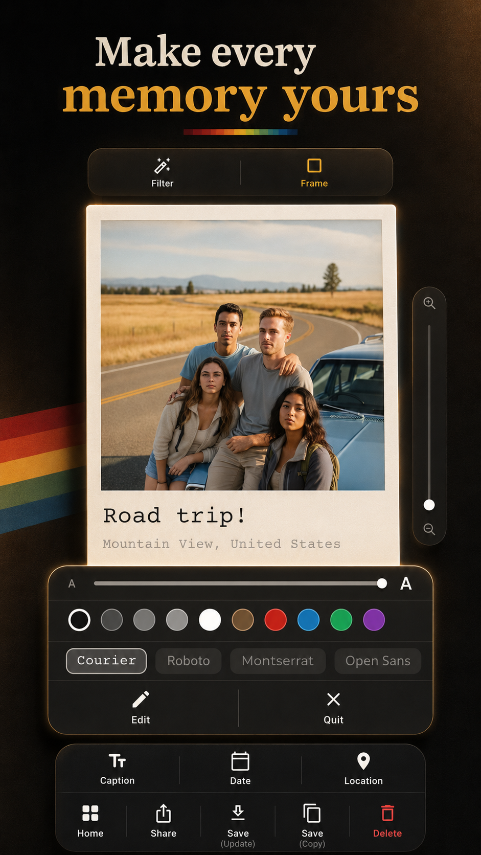 Typography, caption and date controls on a framed photo
